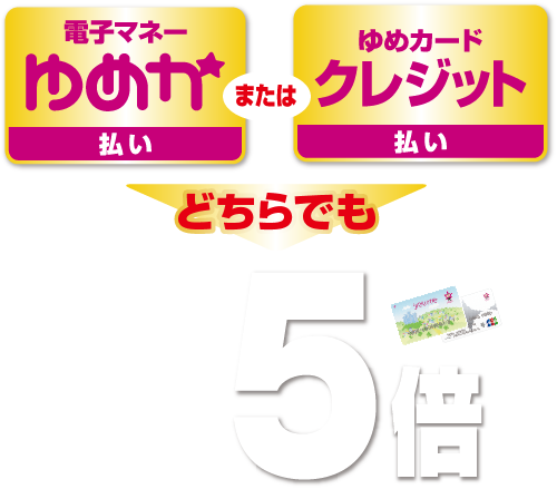 電子マネーゆめか払い または ゆめカードクレジット払い どちらでもゆめカードポイント(値引積立額)5倍